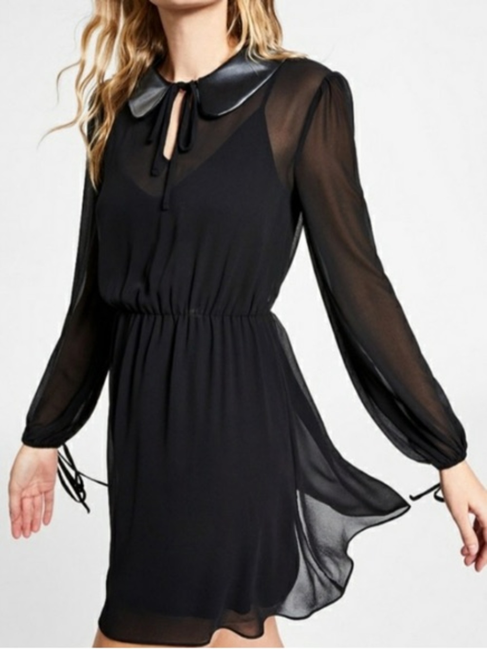 Bar III Keyhole Sheer Overlay Mini Dress Black PL Petite Large Leather Collar
